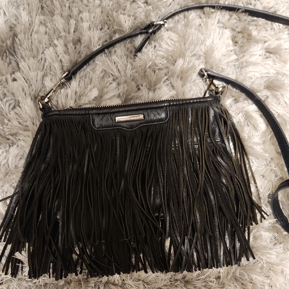 Fringed Black Leather Crossbody Bag